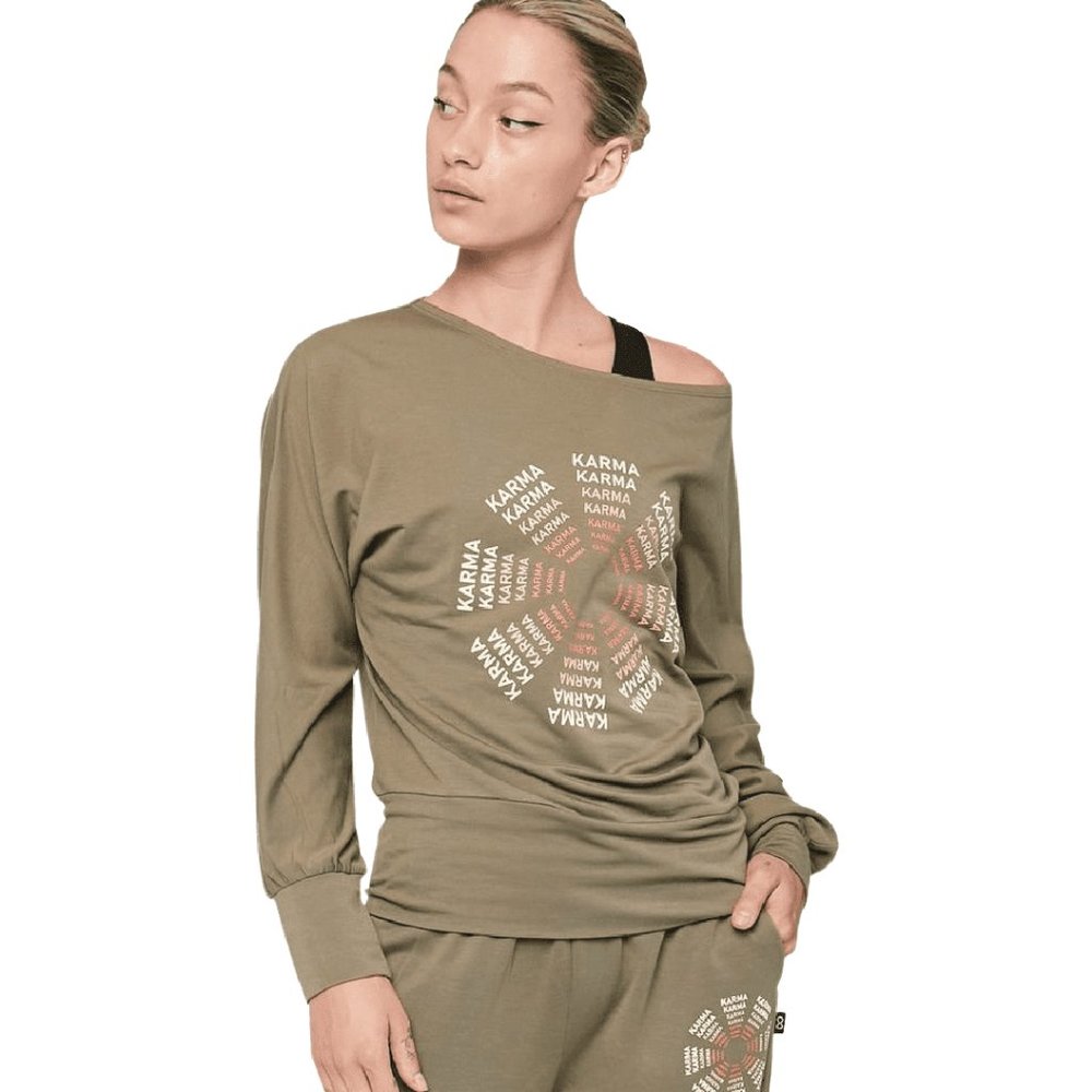 Comfortable Karma Graphic Long Sleeve Olive Sweatshirt